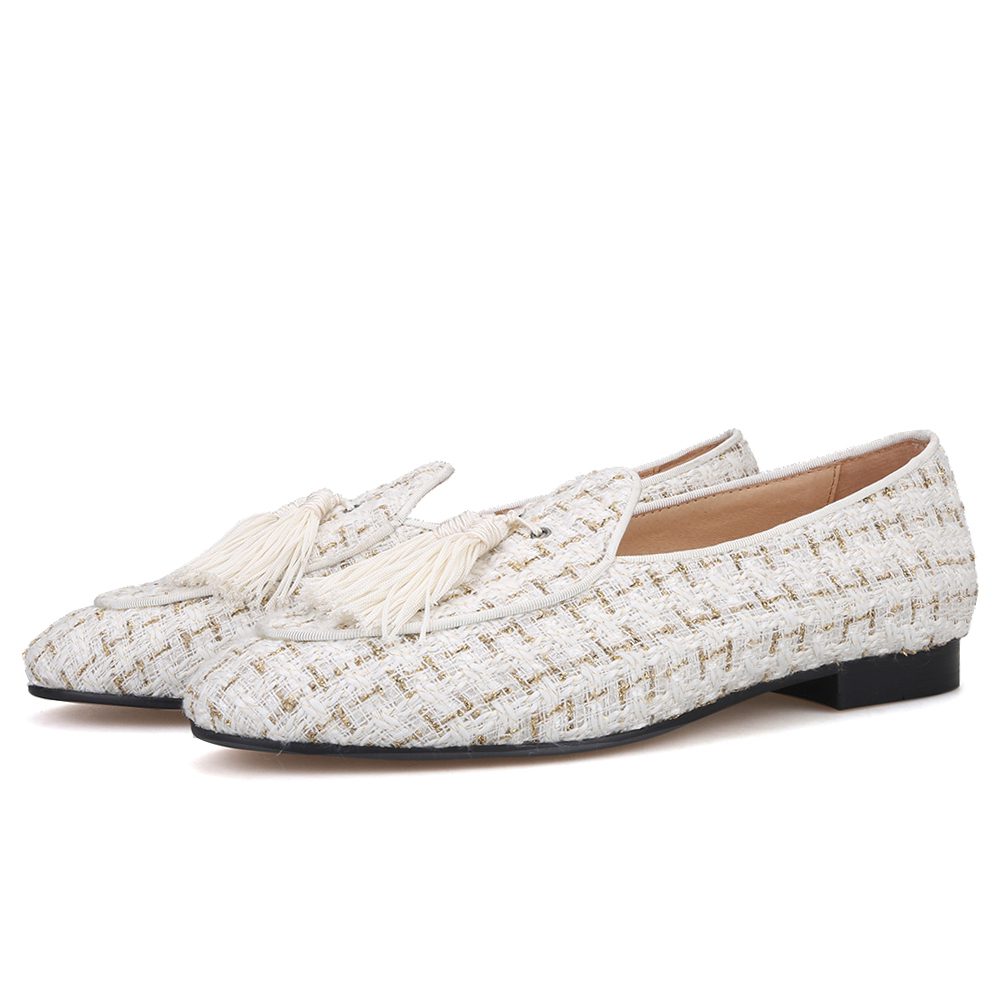 White mix gold color knit fabric handmade loafer - IKEDEC Official Store